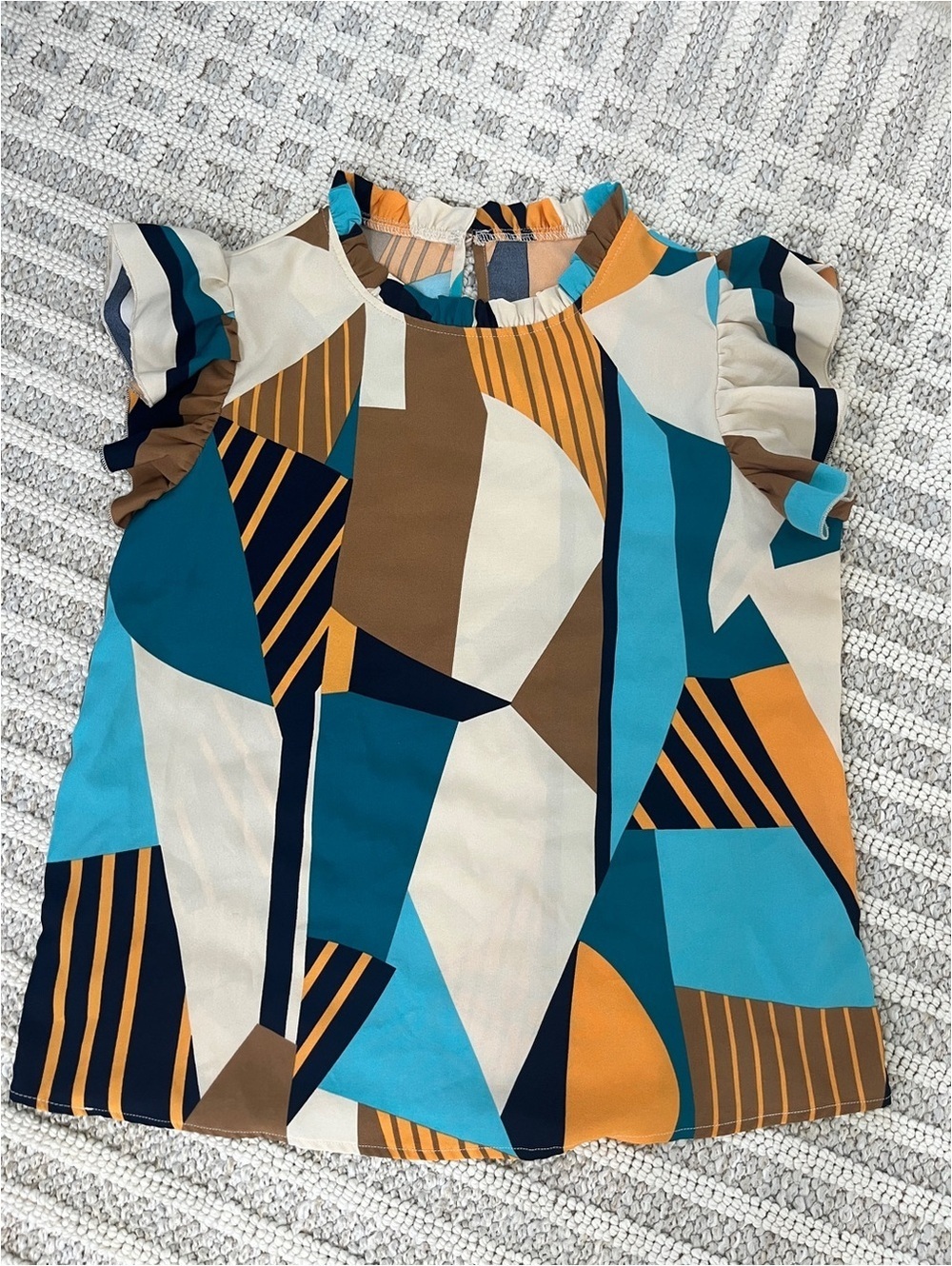 SHEIN Teal, Mustard & Brown Geometric Ruffle-Sleeve Top size 6